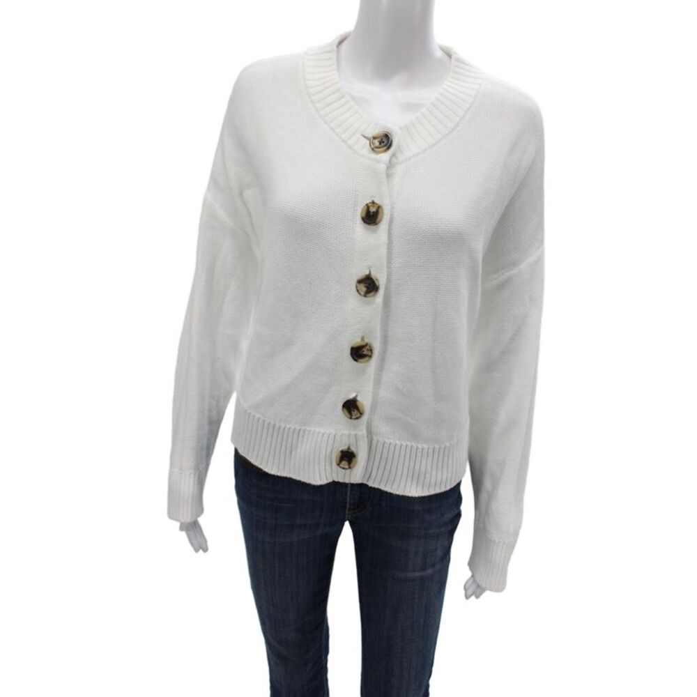 Quince Womens Cardigan White V-Neck Organic Cotton Long Sleeve Size M